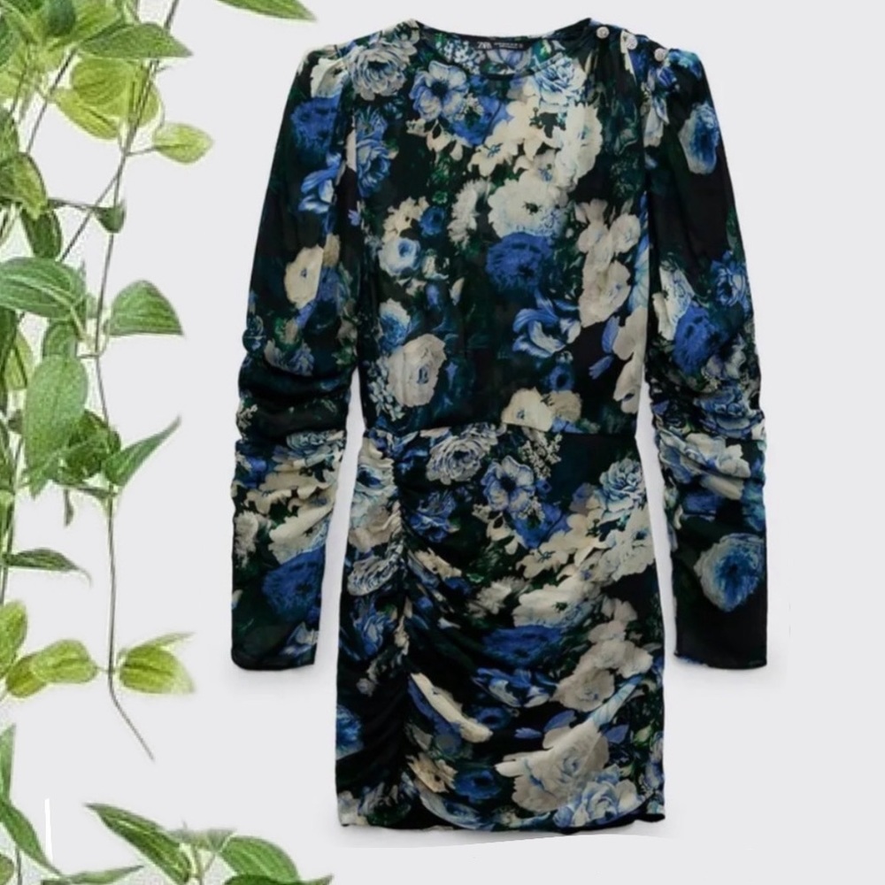 NWOT ZARA Sheer Spring Floral Ruched Mini Dress XS